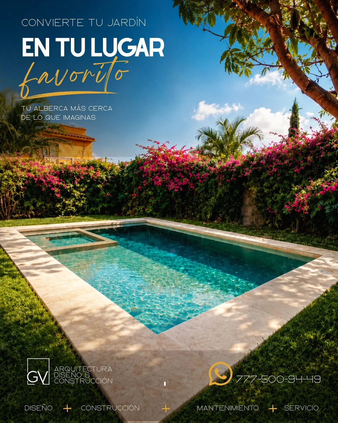 Alberca residencial rodeada de jardín